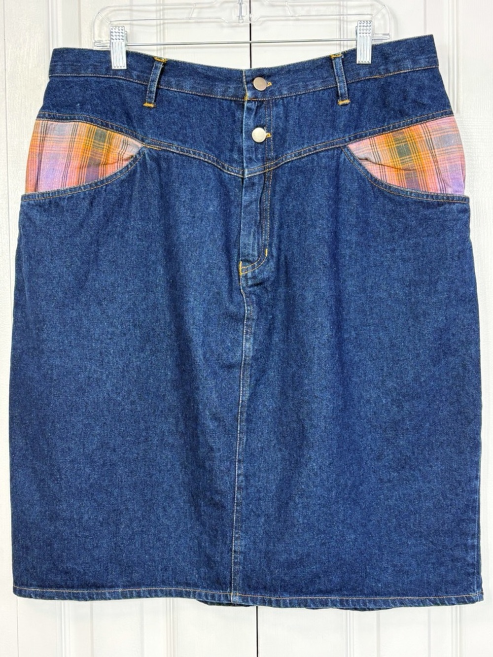 Vintage Sudden Impact Blue Denim Plaid Print Patchwork Jean Skirt 20